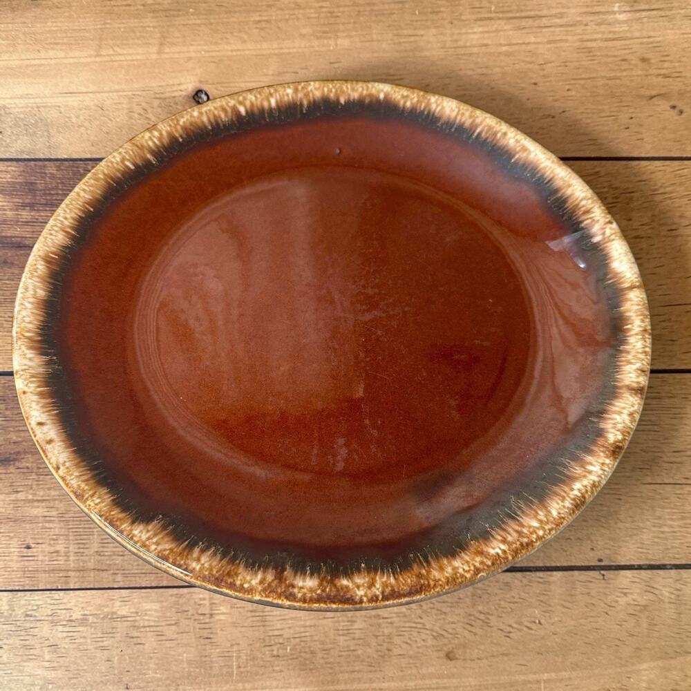 Hull Pottery Dinner Plate, 10.5", Ribbed Back, Brown Drip Glaze, Oven Proof USA